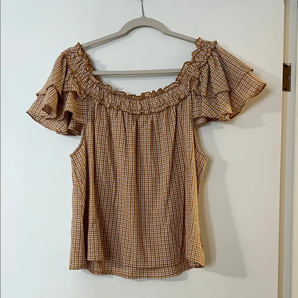 Easel Checkered Ruffle Sleeve Blouse - Tan - Image 3