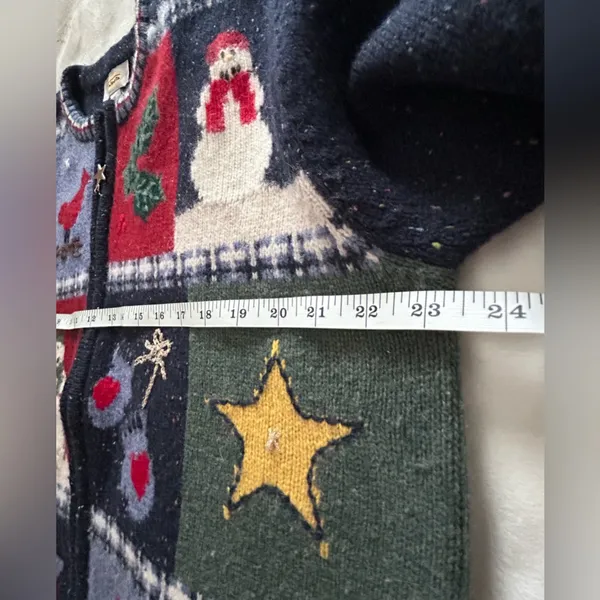 ALBOTS Vintage 90s Talbots Patchwork Christmas Winter Wool Cardigan Sweater XL. - Image 14