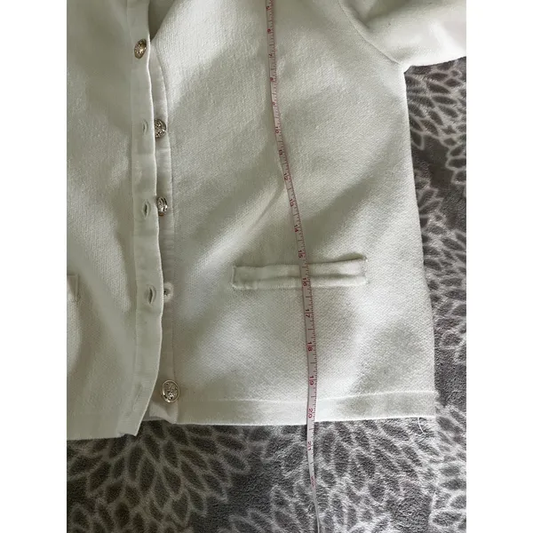 White Cotton Cardigan Sweater Small Gold Crest Button Preppy Old Money Office - Image 6