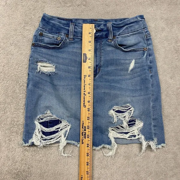 American Eagle Skirt Womens 0 Blue‎ Jean Curvy High Rise Ripped Distressed Denim - Image 3