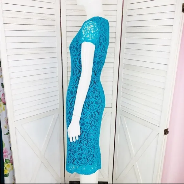 Eva Mendes‎ New York & Co. Lace Sheath Bodycon Dress Teal Black 2 Party Cocktail - Image 2