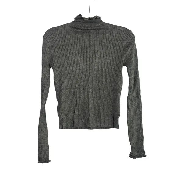 ZARA Ruffled Mock Neck Ruffle Longsleeve Rib Knit Stretch Cotton Sweater M Grey - Image 5