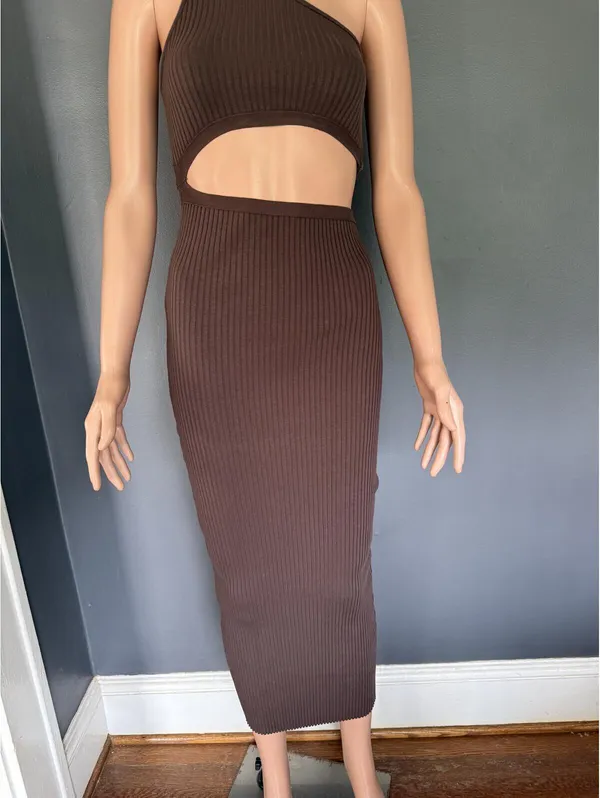 Zara Brown Ribbed Cutout Midi Dress Size Small - Image 5