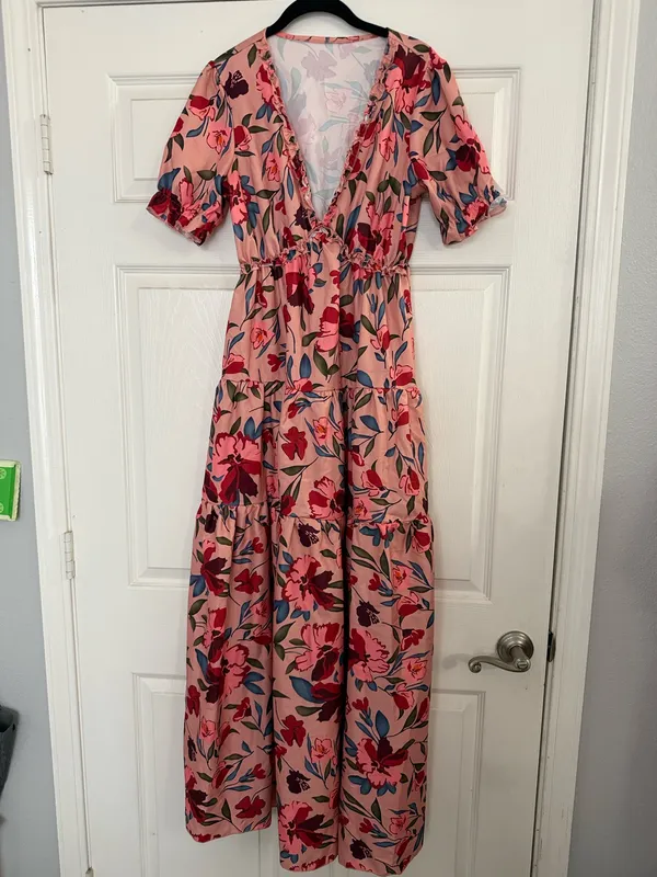 Camisa Floral Pink V-Neck Tiered Maxi Dress - Image 2