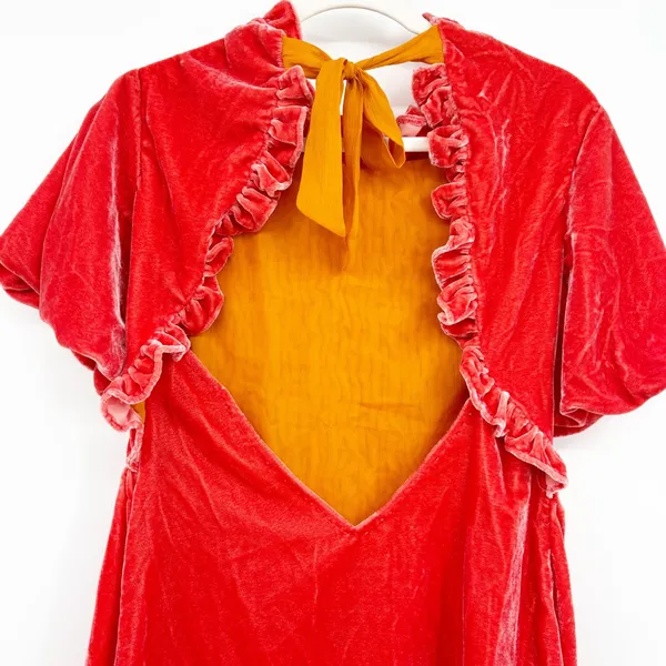 Free People Womens Gumdrop Red Orange Velvet Smocked Open Back Boho Mini Dress S - Image 11