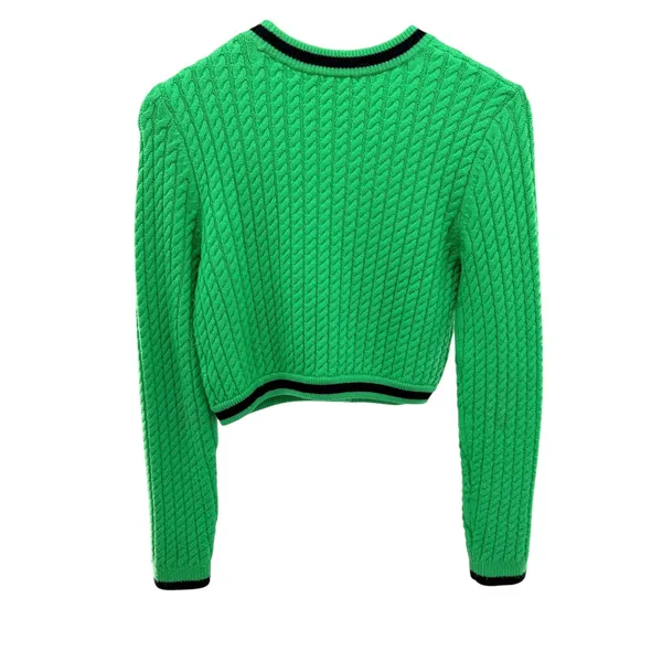 Alice + Olivia Jenae Cable Knit Cardigan S Preppy Twee Crop Green Wool Sweater - Image 9