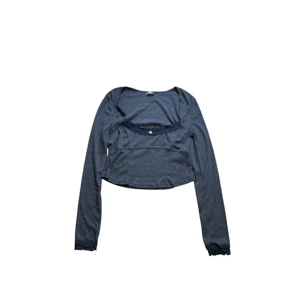 Intimately Free People Blue Ribbed Lace Trim Rosette Square Neck Cropped Top M - Image 2