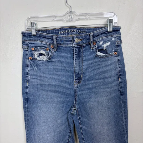 American Eagle Stretch Super Hi-Rise Flare Medium Wash Distressed Casual Size 8 - Image 4