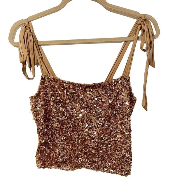 Free People Medium Hey Girl Camisole Brown Gold Tie Shoulder Sequined Cami - Image 2