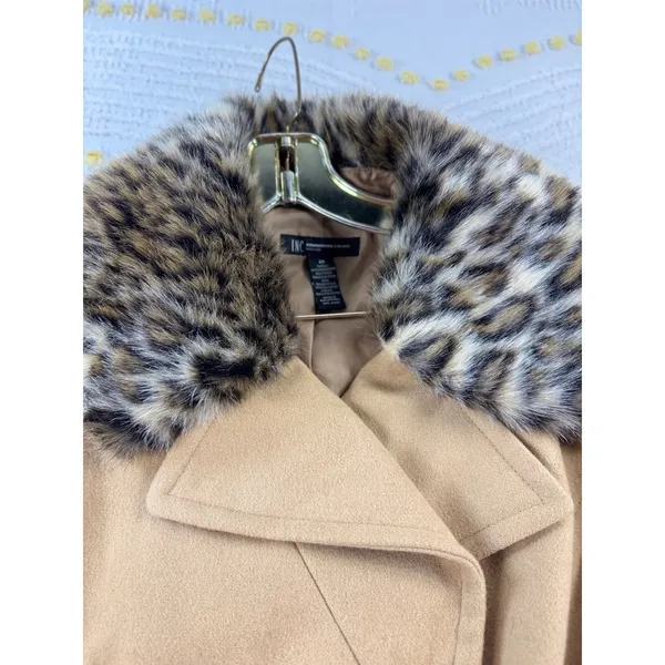 INC International Concepts Camel Wool Blend Leopard Faux‎ Fur Trim Pea Coat 2X - Image 3