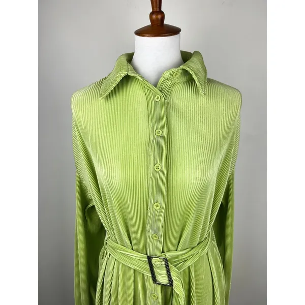 Thats So Fetch Lime Green Plisse Belted Mini Shirt Dress Size 4 - Image 12
