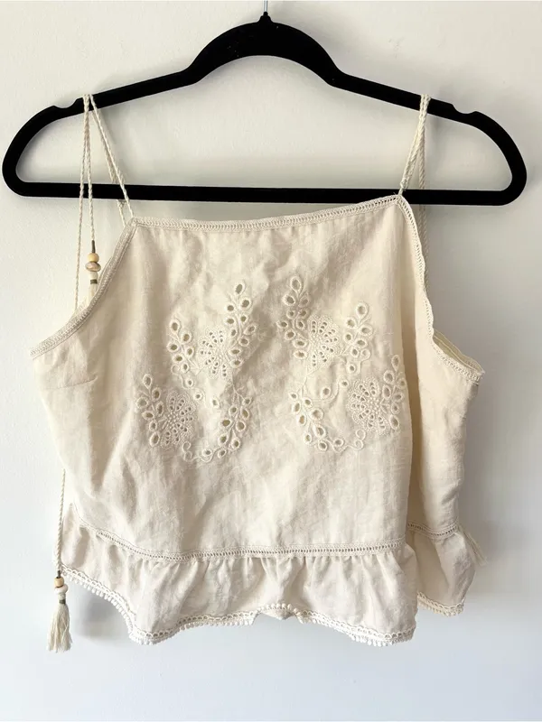 Zara Ivory Cropped Tank Top Floral Eyelets Tassel Beaded Straps Boho Hippie - Image 3