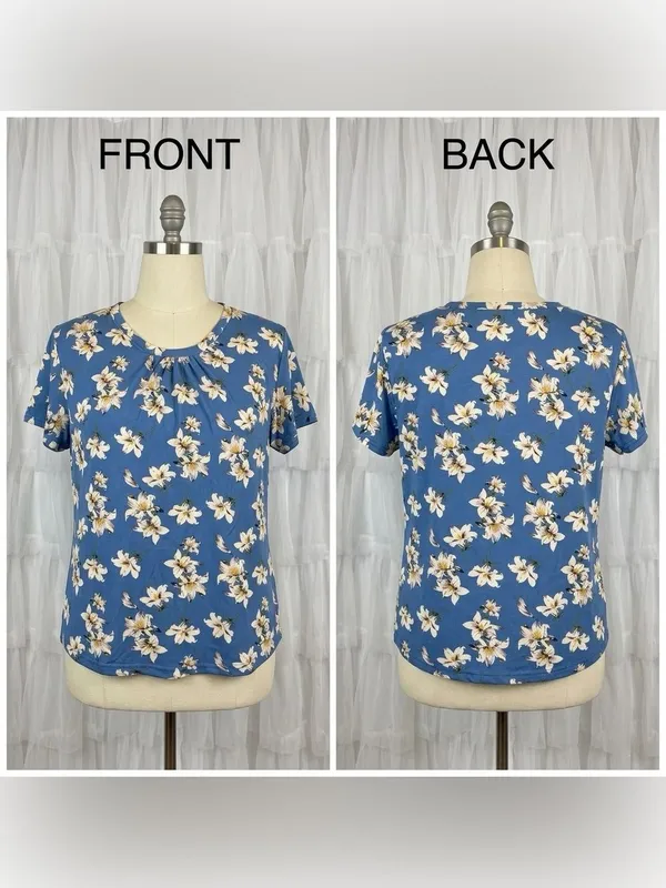 Liz & Lilli Women’s Blue Floral Print Round Neck Short Sleeve Shirt Size XL - Image 3