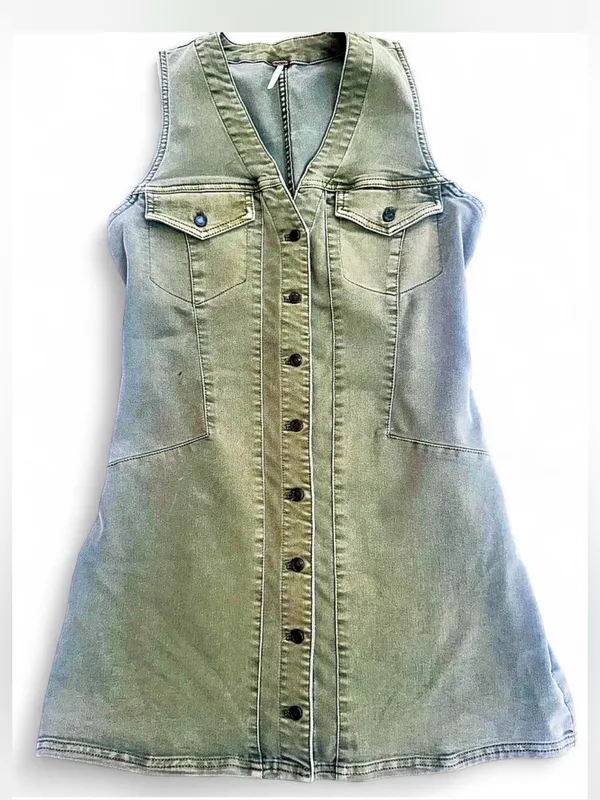 Free People Clean Break Denim Mini Dress Green Acid Wash Stretch Denim Size 8 - Image 2