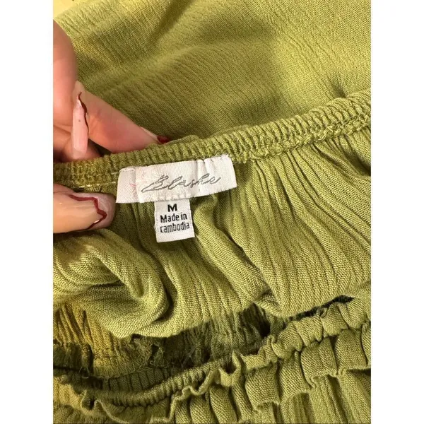 Olive Green Smocked Romper Puff Sleeve Rayon Mini Dress Look Size M - Image 7