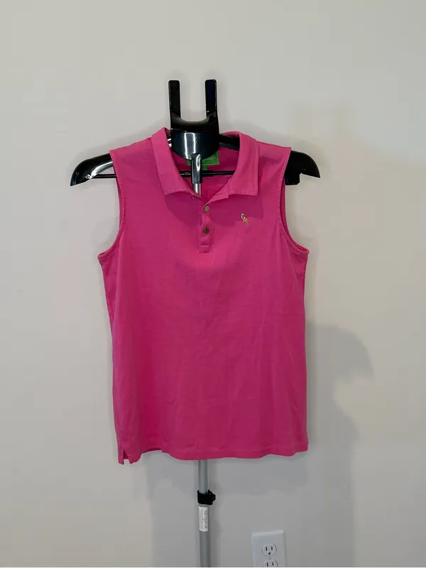 Peck & Peck Women’s Small Hot Pink Sleeveless Polo Shirt Gold Logo Golf Preppy - Image 2