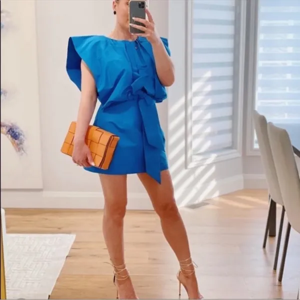 Zara Electric Blue Pleated Cape Tie-Front Mini Dress - Image 3