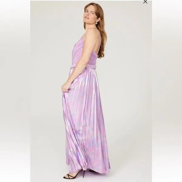 Mac Duggal RTR Ieena Purple Pleated Gown Metallic Strappy Satin iridescent - Image 2