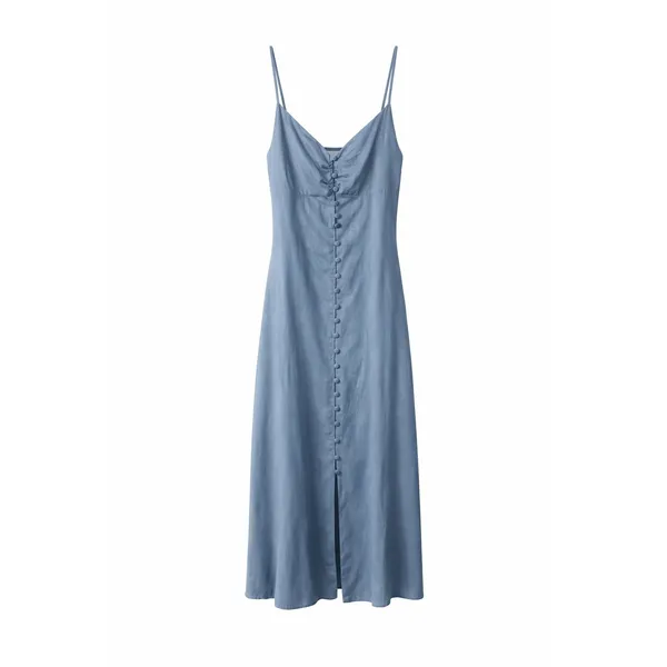 Grade & Gather Button Down Spaghetti Strap Midi Dress in Smoky Blue, S - Image 2
