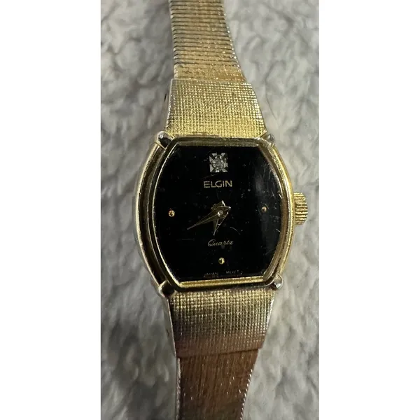 Elgin EK228-008 Quartz Women's Gold Tone Black Face Diamond‎ Accent Tank Watch - Image 4