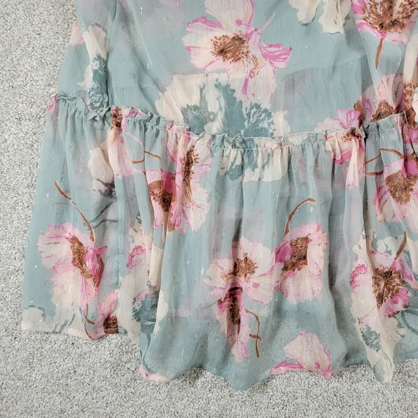Express Wrap Dress Womens S/M Green Floral Watercolor Sheer Tiered Long Maxi - Image 7