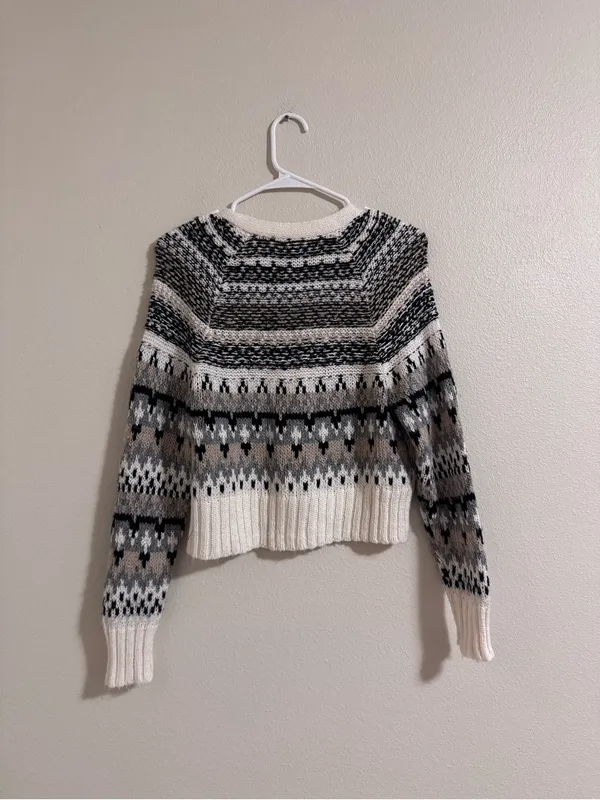 American Eagle Outfitters Ivory, Black & Gray Fair Isle Button Cardigan - Image 3