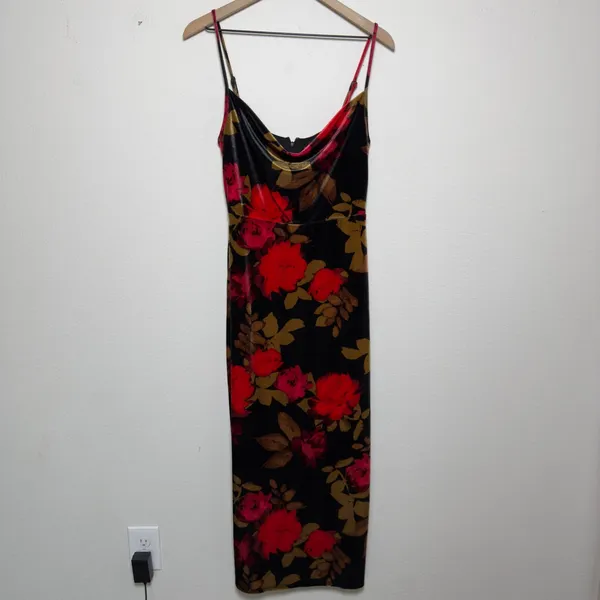 Taylor Women Whimsigoth Dress 4 Black Red Velvet Floral Cowl Midi Bodycon Slit - Image 2