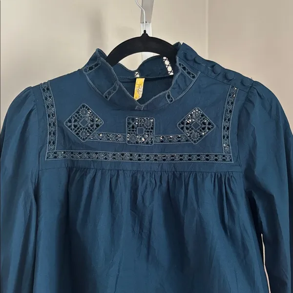 Free People Another Eternity Navy Blouse w Embroidered Crochet Details Size XS - Image 3