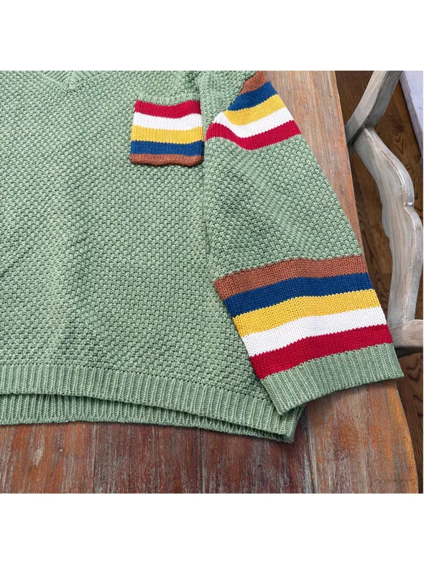 POL Sage Green Chunky Knit V-Neck Sweater Rainbow Stripe Sleeves Pocket M - Image 5