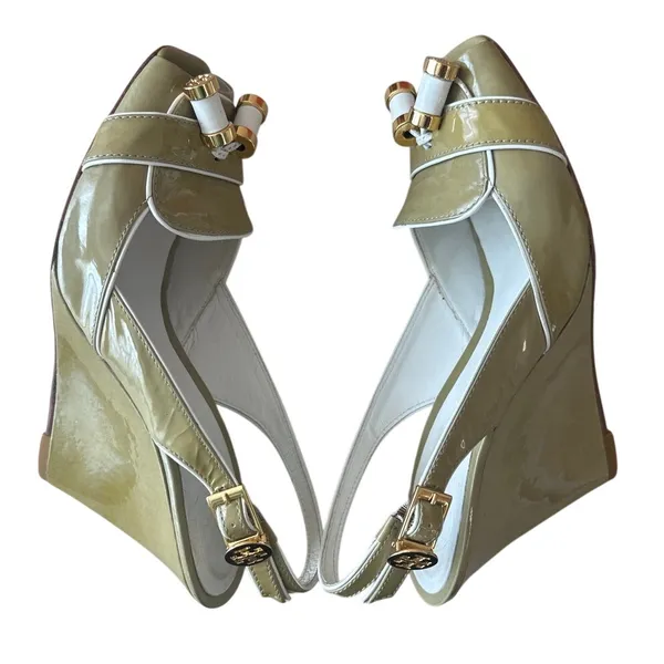 Tory Burch Ella Wedge‎ Slingback Peep Toe Patent Sandals 7 - Image 9