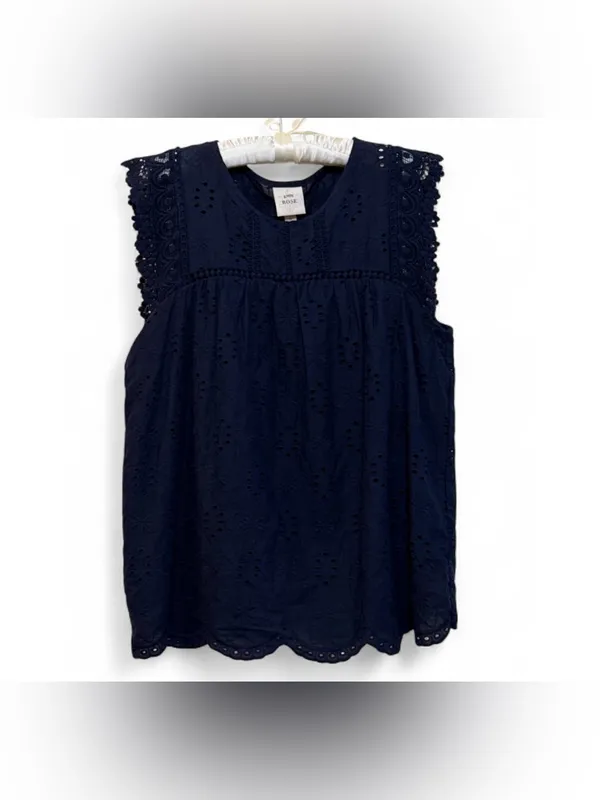 Knox Rose Women’s Boho Navy Eyelet Embroidered Lace Sleeveless Tank Blouse SizeS - Image 2