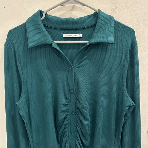 Abercrombie & Fitch Emerald Green Ribbed Ruched Long Sleeve Mini Shirt Dress XL - Image 3