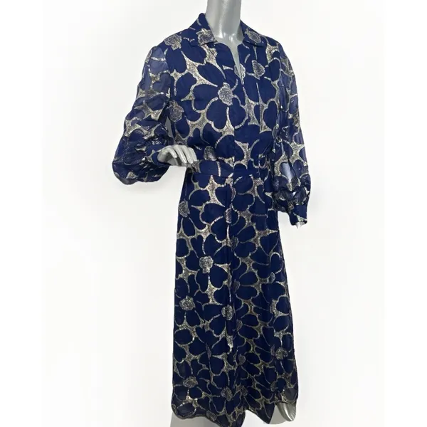 VTG CLIFTON WILHITE 18 Blue Metallic Floral Long Sleeve Gown Couture Dress - Image 4