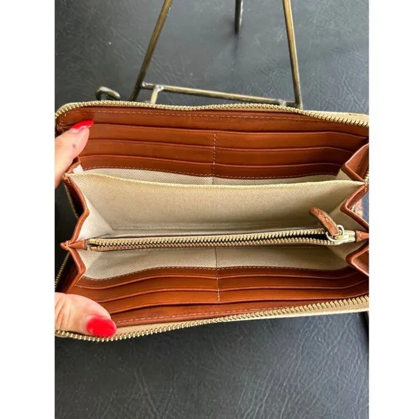 Dooney & Bourke Monogram Coated Canvas Zip Around Wallet Cream Cognac Organizer - Image 3