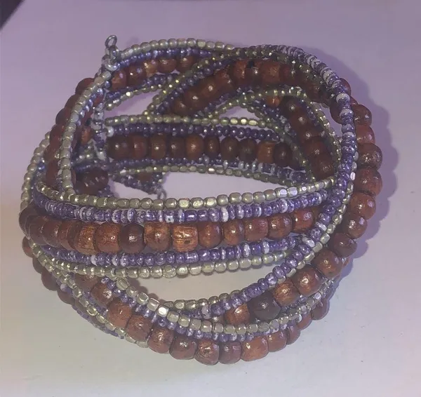 Wooden Beaded Brown & Purple Boho Wrap Cuff Bracelet - Image 3