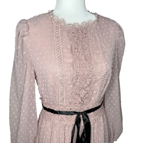 Prairie Dress Maxi S‎ Lace Swiss Dot Ribbon Cottage Romantic Sheer Bishop Sleeve - Image 3