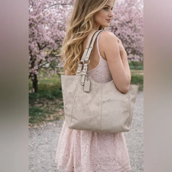 Coach Carly Perforated Leather Tote F16598 Light Taupe Large Shoulder Bag - Image 2