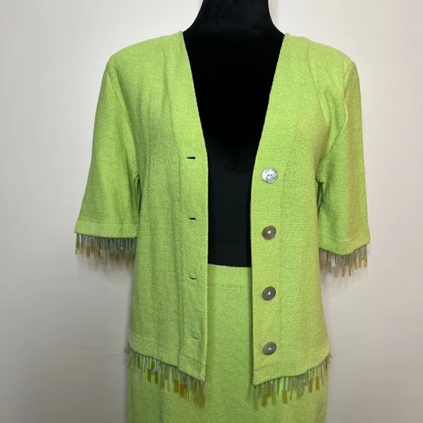 Vintage Liz Sheldon Ltd Lime Green‎ Skirt and Sweater Set w/ Jewel Tassel Detail - Image 5