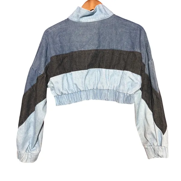 Unbranded Women NA Colorblock Denim Cropped Bomber Jacket Blue Black‎ Mock Neck - Image 6