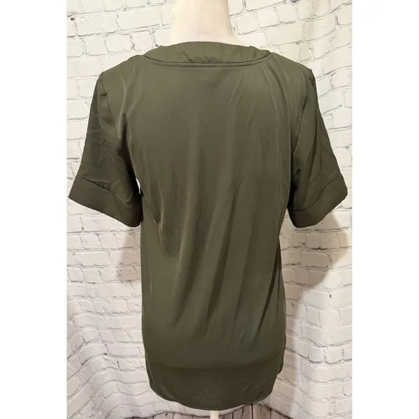 Ann Taylor Olive Green V-neck Tunic Pleated Front Short Sleeve Size Small - Image 4