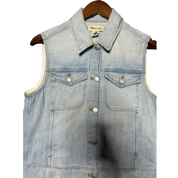 Madewell Women Small Light Wash Denim Trucker‎ Vest Blue Button Up Western Moto - Image 3