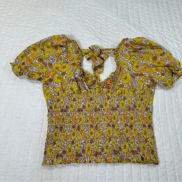 Floral Puff Sleeve Blouse Fall in Yellow and Brown Top - Image 3