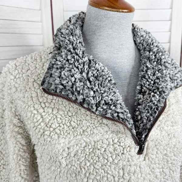 True Grit Faux Sherpa Jacket Women Small Beige Pullover Sherpa Quarter Zip Teddy - Image 5