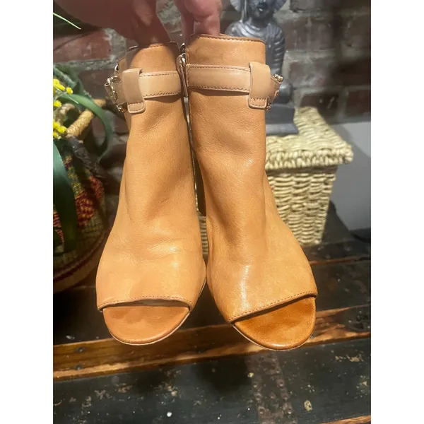 Coach Tan Leather Peep Toe Slingback Block Heel Booties 7 - Image 3