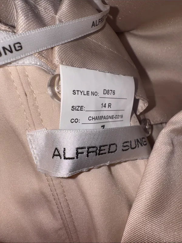 NEW Alfred Sung Strapless Satin Twill Column Gown Removable Train Champagne 14 - Image 6