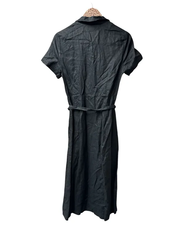Quince 100% European Linen Button Front Short Sleeve Tie Midi Dress Black Small - Image 4