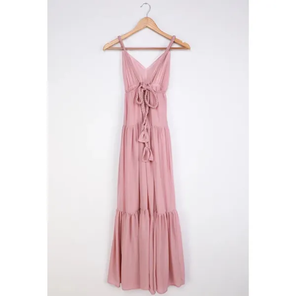 Lulu’s Sunshine Bound Mauve Blush Pink Tiered Tie Braid Maxi Dress Small Wedding - Image 15