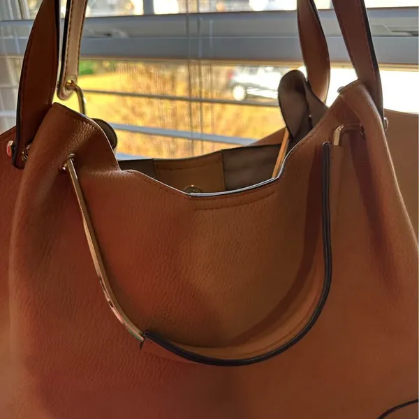 Sondra Robert squared pebbled, faux, leather satchel purse, gold accents, great - Image 7