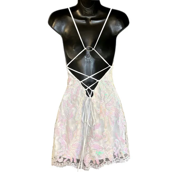 Lucy In the Sky Clarabelle‎ Iridescent Sequin Dress Sz S White Fairy Lace - Image 4