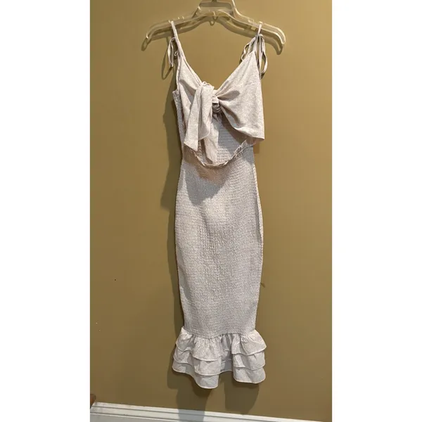 Mable Smocked‎ Midi Dress Small Beige Floral Tie Shoulder Cutout Ruffle Hem - Image 6
